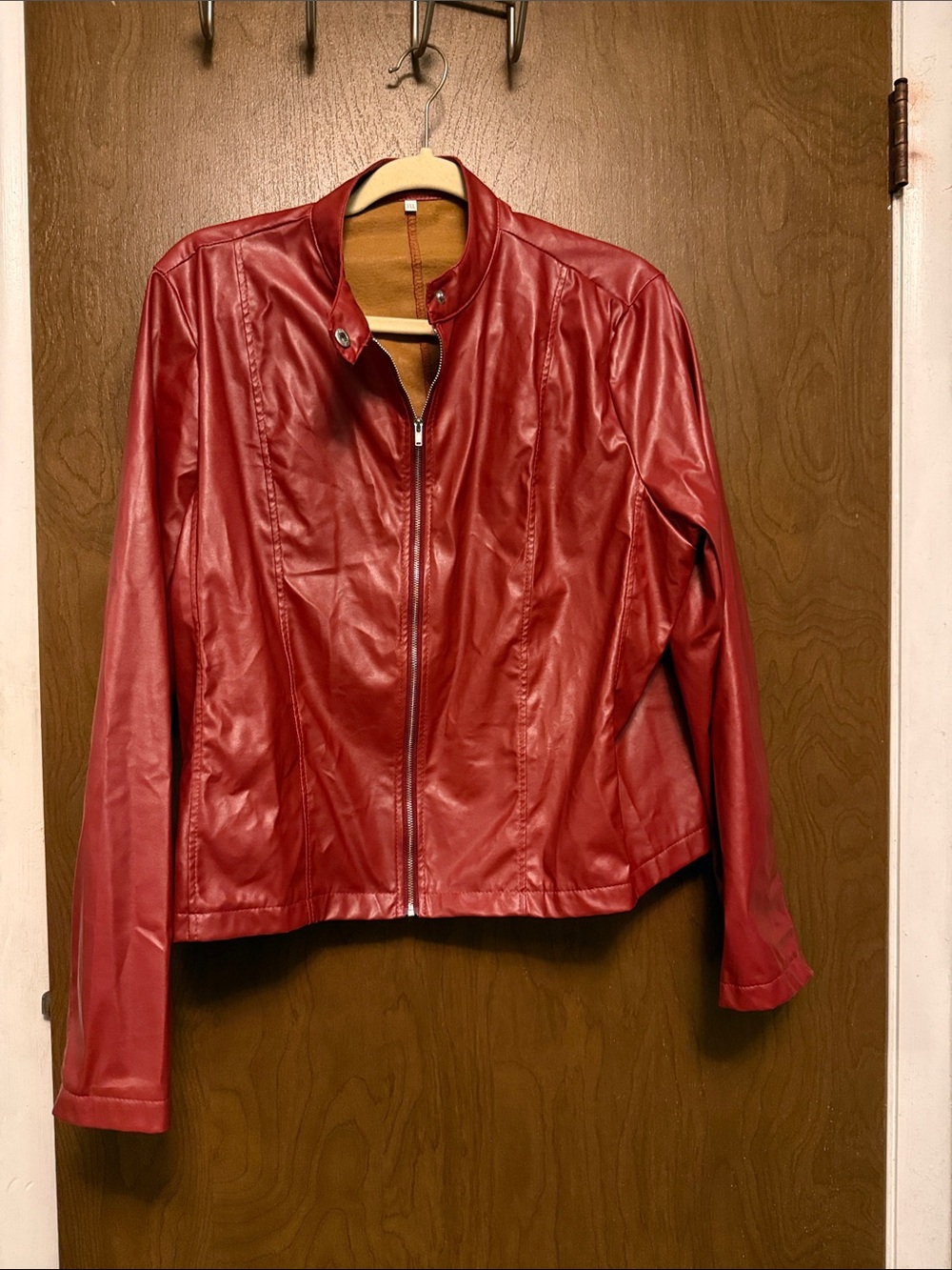 Red Women's Faux Leather Zip Jacket